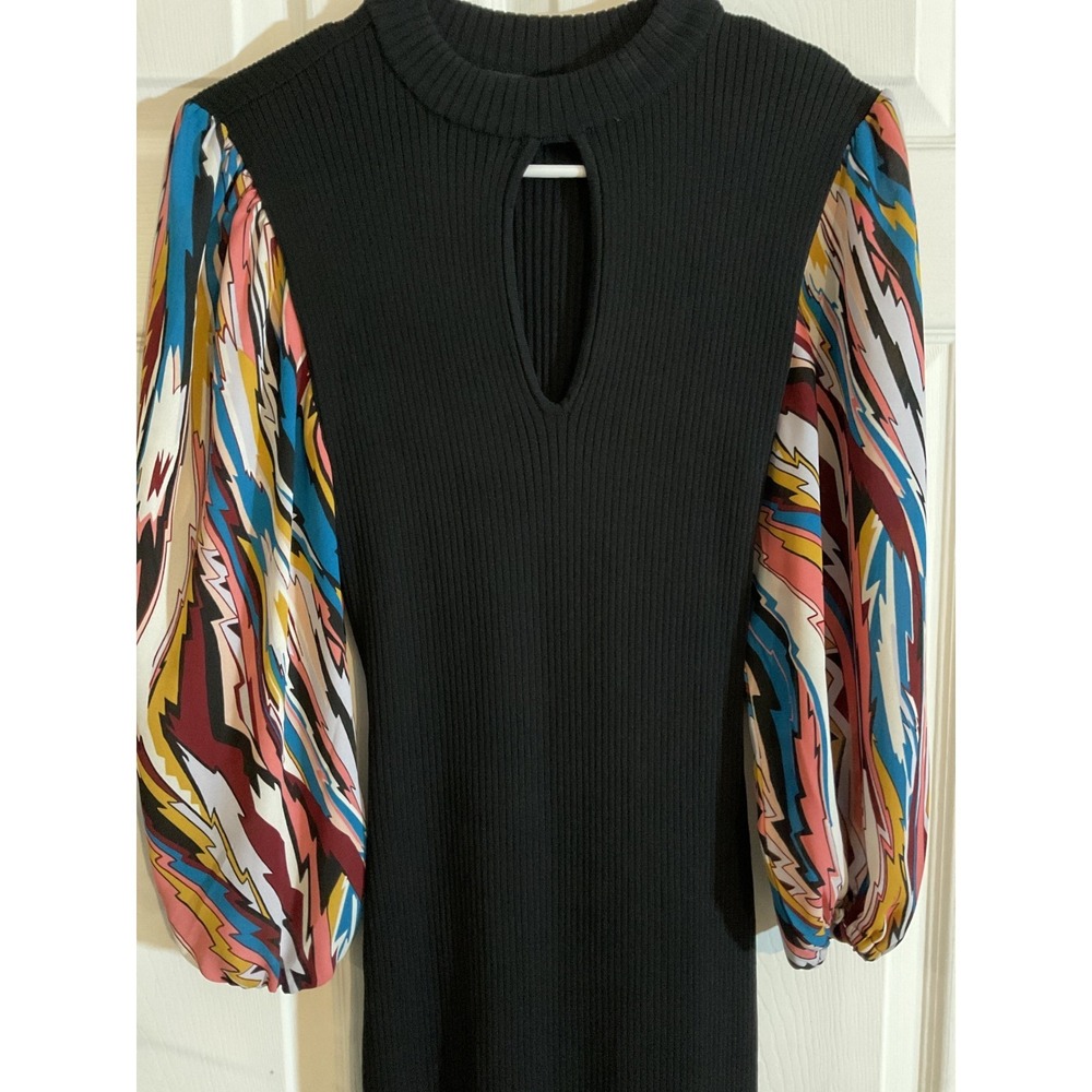 New York & Company Black Ribbed Knit Midi Dress Abstract Puff Sleeve Keyhole M - Picture 2 of 10